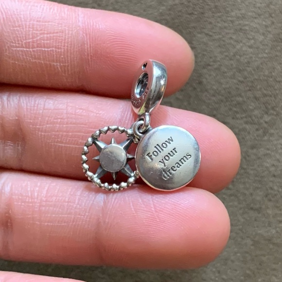 Retired Pandora Compass Rose Pendant Charm W/ Crystal & Enamel Dangle Charm - Picture 5 of 7